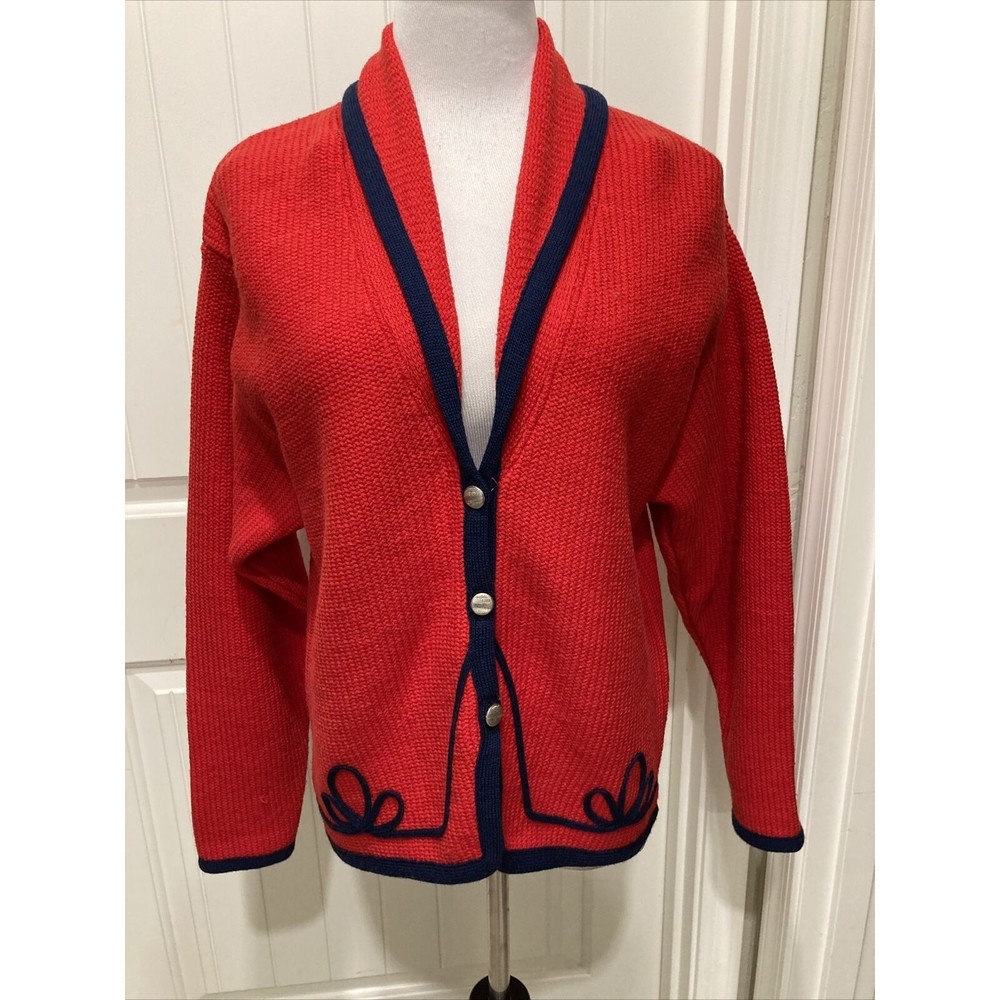 Pendleton Vtg Women Cardigan Sweater Red Navy Knit Button Up 100% Wool SZ L
